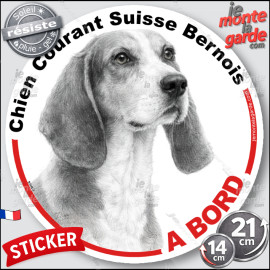 Chien Courant Suisse Bernois, sticker autocollant rond "Chien à Bord" disque adhésif vitre voiture photo, résiste pluie soleil g