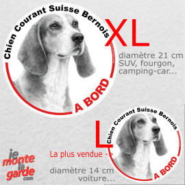 Disque autocollant voiture "Chien Courant Suisse Bernois à Bord" dessin en noir et blanc, résiste dehors, 2 tailles D