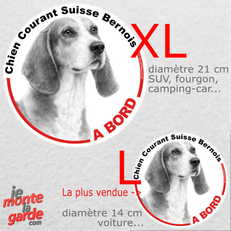 Disque autocollant voiture "Chien Courant Suisse Bernois à Bord" dessin en noir et blanc, résiste dehors, 2 tailles D