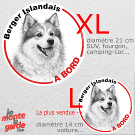 Disque autocollant voiture "Berger Islandais à Bord" dessin en noir et blanc, résiste pluie soleil gel, idée cadeau, 2 tailles D