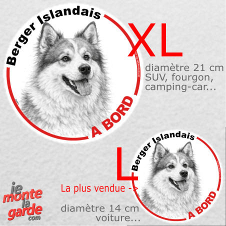 Disque autocollant voiture "Berger Islandais à Bord" dessin en noir et blanc, résiste pluie soleil gel, idée cadeau, 2 tailles D
