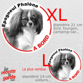 Disque autocollant voiture "Epagneul Phalène à Bord" dessin en noir et blanc, résiste pluie soleil gel, idée cadeau, 2 tailles D