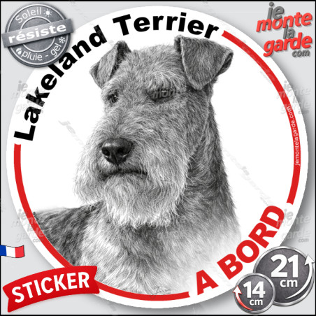 Lakeland Terrier, sticker autocollant rond "Chien à Bord" disque adhésif vitre voiture photo, résiste pluie soleil gel, idée cad