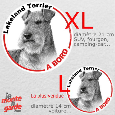 Disque autocollant voiture "Lakeland Terrier à Bord" dessin en noir et blanc, résiste pluie soleil gel, idée cadeau, 2 tailles D