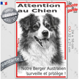 Plaque portail verticale "Attention au Chien, notre Berger Australien surveille et protège" dessin stylisé, résiste pluie soleil
