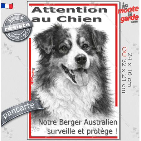 Plaque portail verticale "Attention au Chien, notre Berger Australien surveille et protège" dessin stylisé, résiste pluie soleil