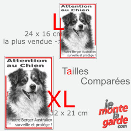 Plaque portail verticale "Attention au Chien, notre Berger Australien surveille et protège" dessin noir et blanc, 2 tailles D