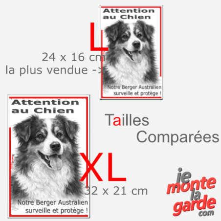 Plaque portail verticale "Attention au Chien, notre Berger Australien surveille et protège" dessin noir et blanc, 2 tailles D
