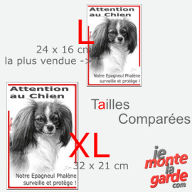 Plaque portail verticale "Attention au Chien, notre Epagneul Phalène surveille et protège" dessin noir et blanc, 2 tailles D
