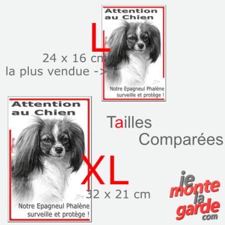 Plaque portail verticale "Attention au Chien, notre Epagneul Phalène surveille et protège" dessin noir et blanc, 2 tailles D