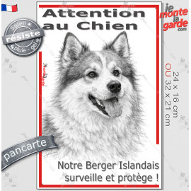 Plaque portail verticale "Attention au Chien, notre Berger Islandais surveille et protège" dessin stylisé, résiste pluie soleil 