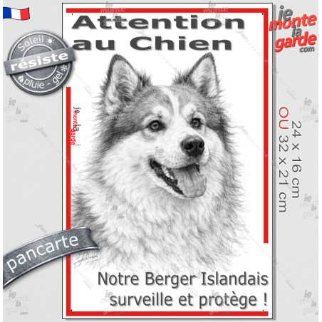 Plaque portail verticale "Attention au Chien, notre Berger Islandais surveille et protège" dessin stylisé, résiste pluie soleil 