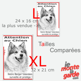 Plaque portail verticale "Attention au Chien, notre Berger Islandais surveille et protège" dessin noir et blanc, 2 tailles D
