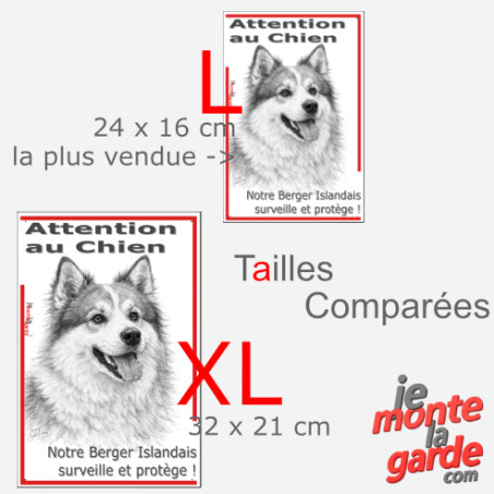 Plaque portail verticale "Attention au Chien, notre Berger Islandais surveille et protège" dessin noir et blanc, 2 tailles D