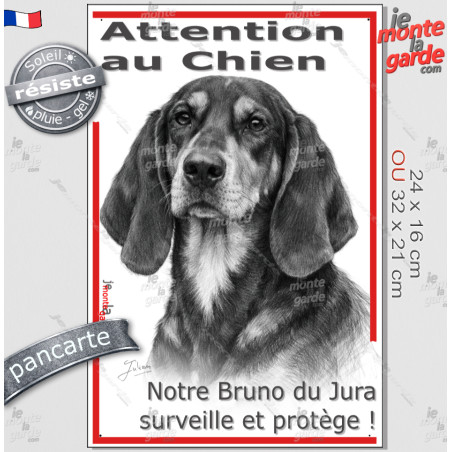 Plaque portail verticale "Attention au Chien, notre Bruno du Jura surveille et protège" dessin stylisé, résiste pluie soleil gel