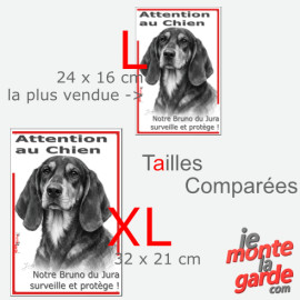 Plaque portail verticale "Attention au Chien, notre Bruno du Jura surveille et protège" dessin noir et blanc, 2 tailles D