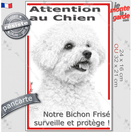 Plaque portail verticale "Attention au Chien, notre Bichon Frisé surveille et protège" dessin stylisé, résiste pluie soleil gel,