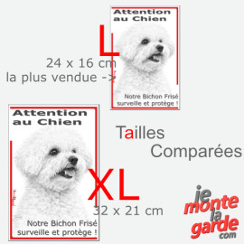 Plaque portail verticale "Attention au Chien, notre Bichon Frisé surveille et protège" dessin noir et blanc, 2 tailles D