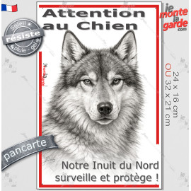 Plaque portail verticale "Attention au Chien, notre Inuit du Nord surveille et protège" dessin stylisé, résiste pluie soleil gel