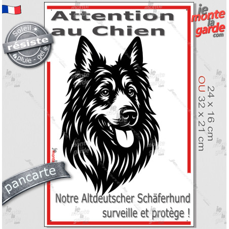 Plaque portail verticale "Attention au Chien, notre Altdeutscher Schäferhund surveille et protège" dessin stylisé noir et blanc,