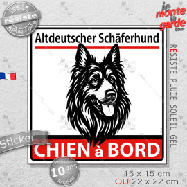 Autocollant "Altdeutscher Schäferhund à Bord" en noir et blanc. Sticker adhésif vitre voiture, résiste pluie soleil gel, idée ca