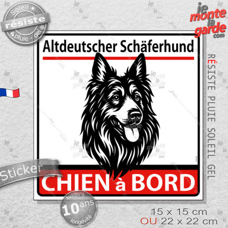 Autocollant "Altdeutscher Schäferhund à Bord" en noir et blanc. Sticker adhésif vitre voiture, résiste pluie soleil gel, idée ca