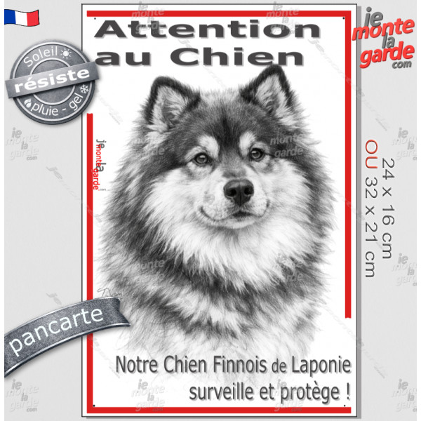 Plaque portail verticale "Attention au Chien, notre Chien Finnois de Laponie surveille et protège" dessin stylisé, résiste pluie Plaque portail verticale "Attention au Chien, notre Chien Finnois de Laponie surveille et protège" dessin stylisé, résiste pluie