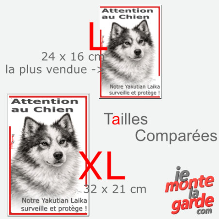 Plaque portail verticale "Attention au Chien, notre Yakutian Laika surveille et protège" dessin noir et blanc, 2 tailles D