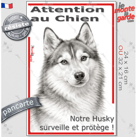 Plaque portail verticale "Attention au Chien, notre Husky Sibérien surveille et protège" dessin stylisé, résiste pluie soleil ge