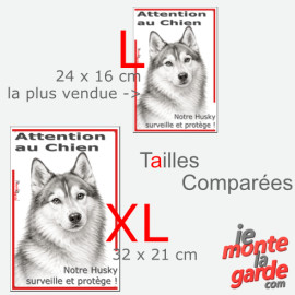 Plaque portail verticale "Attention au Chien, notre Husky surveille et protège" dessin noir et blanc, 2 tailles D