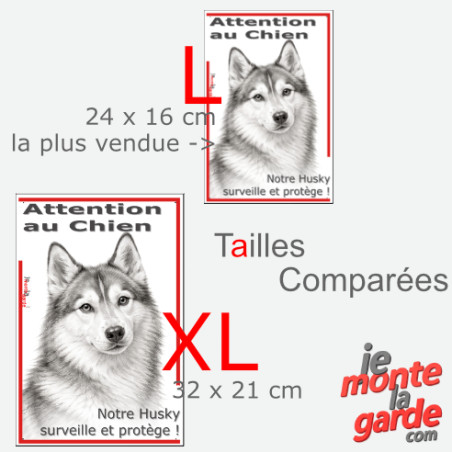Plaque portail verticale "Attention au Chien, notre Husky surveille et protège" dessin noir et blanc, 2 tailles D