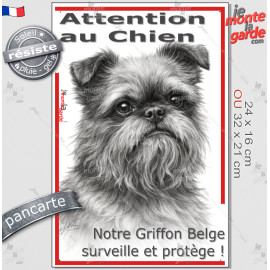 Plaque portail verticale "Attention au Chien, notre Griffon Belge surveille et protège" dessin stylisé, résiste pluie soleil gel