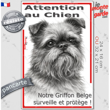 Plaque portail verticale "Attention au Chien, notre Griffon Belge surveille et protège" dessin stylisé, résiste pluie soleil gel