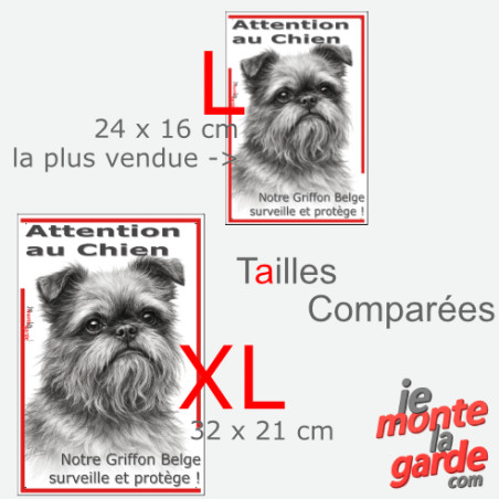 Plaque portail verticale "Attention au Chien, notre Griffon Belge surveille et protège" dessin noir et blanc, 2 tailles D