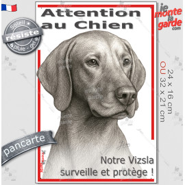 Plaque portail verticale "Attention au Chien, notre Vizsla surveille et protège" dessin stylisé du Braque Hongrois, résiste plui