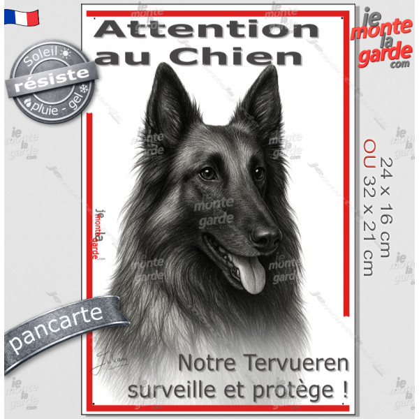Plaque portail verticale "Attention au Chien, notre Tervueren surveille et protège" dessin stylisé Berger Belge, résiste pluie s