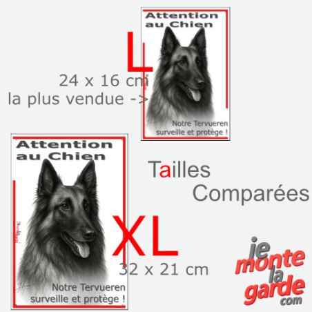 Plaque portail verticale "Attention au Chien, notre Tervueren surveille et protège" dessin noir et blanc, 2 Tailles D