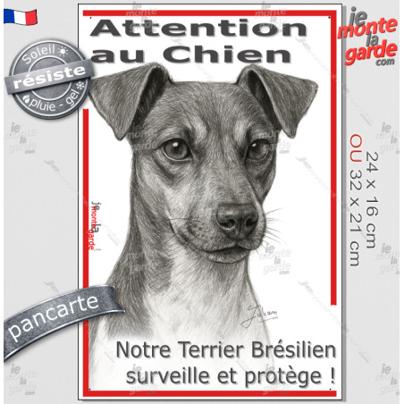 Plaque portail verticale "Attention au Chien, notre Terrier Brésilien surveille et protège" dessin stylisé, résiste pluie soleil