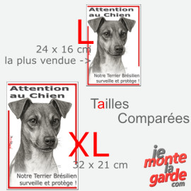 Plaque portail verticale "Attention au Chien, notre Terrier Brésilien surveille et protège" dessin noir et blanc, 2 tailles D