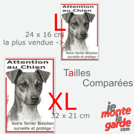Plaque portail verticale "Attention au Chien, notre Terrier Brésilien surveille et protège" dessin noir et blanc, 2 tailles D