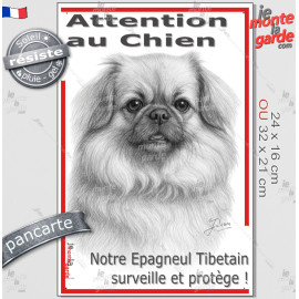 Plaque portail verticale "Attention au Chien, notre Epagneul Tibétain surveille et protège" dessin stylisé, résiste pluie soleil
