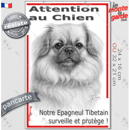 Plaque portail verticale "Attention au Chien, notre Epagneul Tibétain surveille et protège" dessin stylisé, résiste pluie soleil