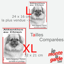 Plaque portail verticale "Attention au Chien, notre Epagneul Tibétain surveille et protège" dessin noir et blanc, 2 tailles D