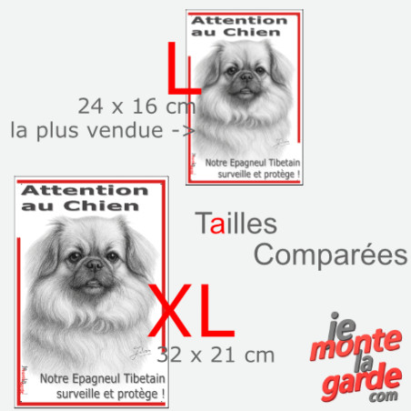 Plaque portail verticale "Attention au Chien, notre Epagneul Tibétain surveille et protège" dessin noir et blanc, 2 tailles D