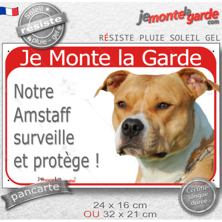 Amstaff fauve, plaque portail rouge photo "Je Monte la Garde, surveille et protège" 2 tailles, résiste au soleil D