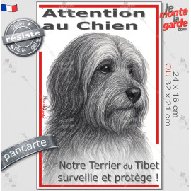 Plaque portail verticale "Attention au Chien, notre Terrier du Tibet surveille et protège" dessin stylisé, résiste pluie soleil 
