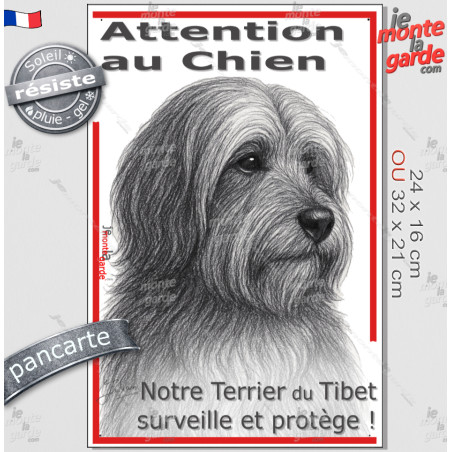 Plaque portail verticale "Attention au Chien, notre Terrier du Tibet surveille et protège" dessin stylisé, résiste pluie soleil 