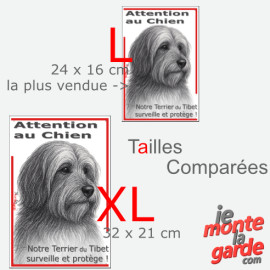 Plaque portail verticale "Attention au Chien, notre Terrier du Tibet surveille et protège" dessin noir et blanc, 2 tailles D