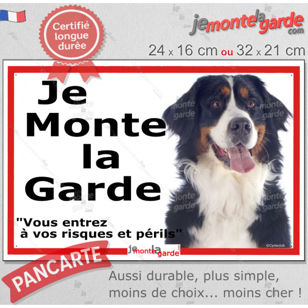 Bouvier Bernois, plaque portail ECO "Je Monte la Garde, risques périls" panneau simple, pas cher mais durable, résiste pluie sol