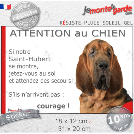 Chien de Saint-Hubert, Sticker humour "Attention au Chien, montre, jetez-vous au sol et attendez secours" drôle photo, résiste p